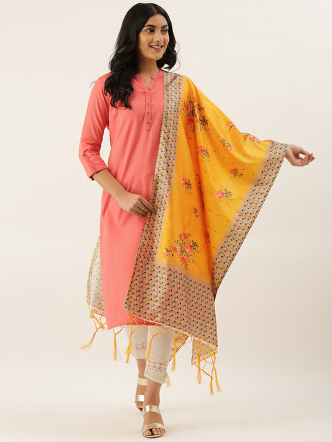 

LADUSAA Yellow & Pink Floral Printed Dupatta