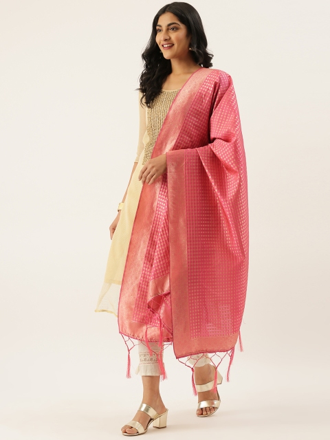 

LADUSAA Pink & Gold-Toned Woven Design Banarasi Dupatta