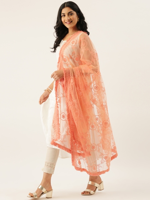 

LADUSAA Peach-Coloured Embroidered Dupatta