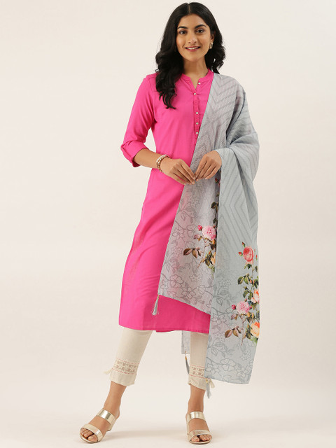 

LADUSAA Grey & Pink Floral Printed Dupatta