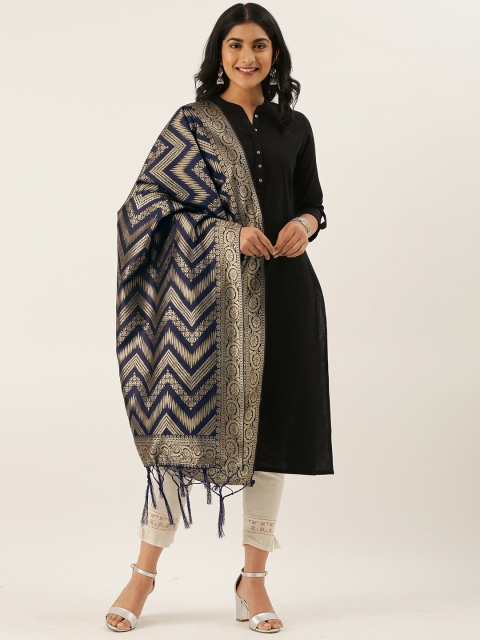 

LADUSAA Navy Blue & Gold-Toned Woven Design Dupatta