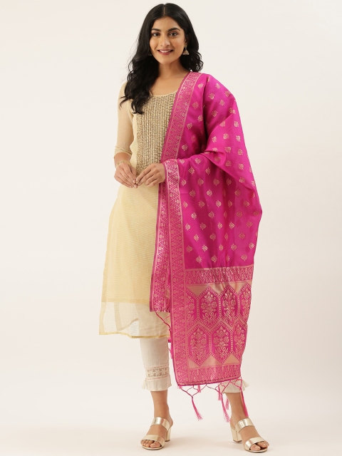 

LADUSAA Pink & Gold-Toned Woven Design Banarasi Dupatta