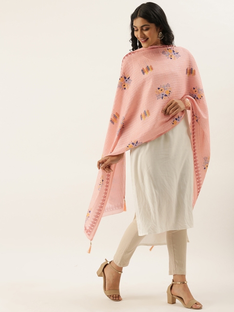 

LADUSAA Pink Floral Printed Sequined Dupatta