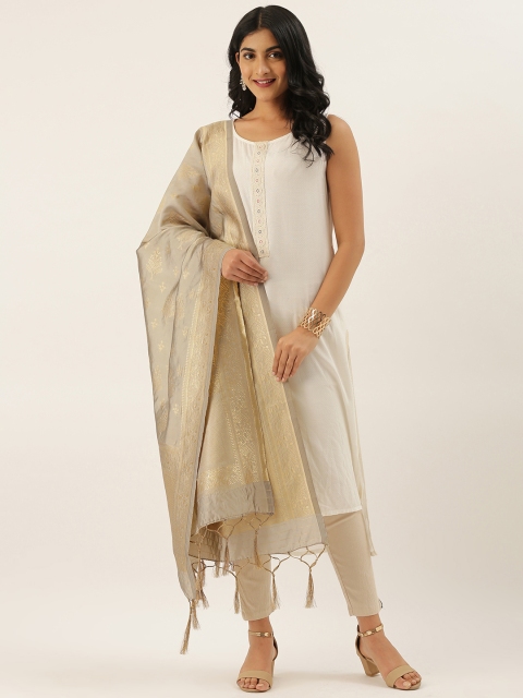 

LADUSAA Grey & Gold-Toned Woven Design Dupatta