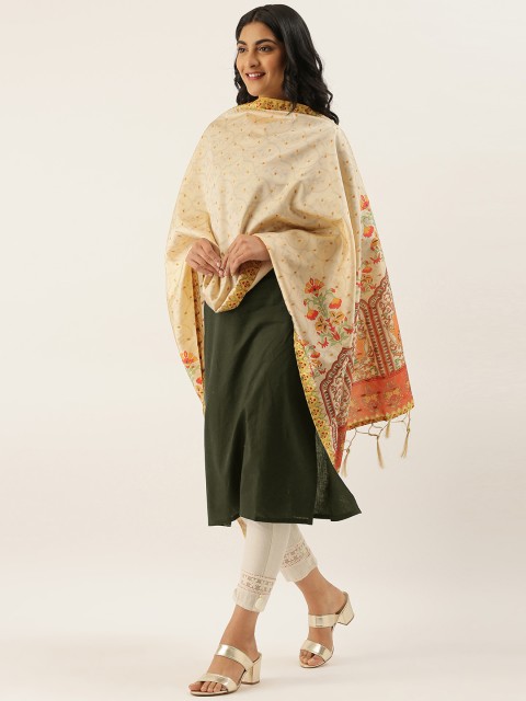 

LADUSAA Off-White & Orange Floral Printed Dupatta