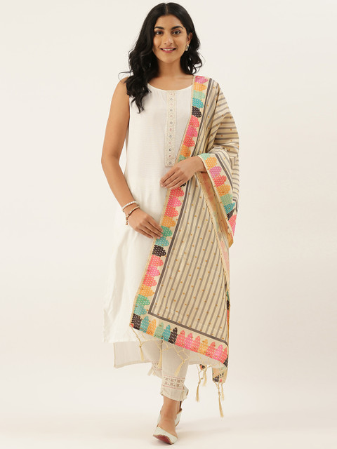 

LADUSAA Off-White & Grey Striped Dupatta