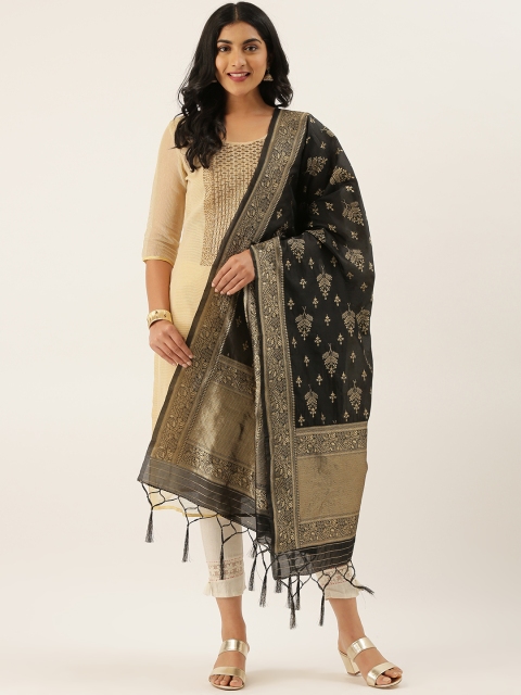 

LADUSAA Black & Gold-Toned Woven Design Banarasi Dupatta