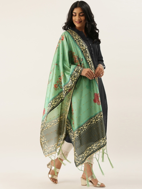 

LADUSAA Sea Green & Red Floral Printed Dupatta