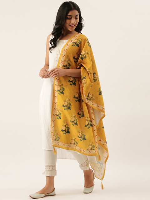 

LADUSAA Yellow & Green Floral Printed Dupatta
