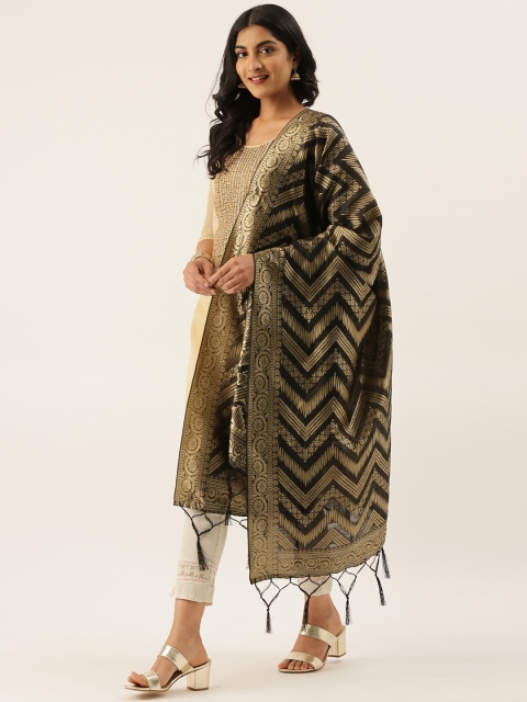 

LADUSAA Black & Gold-Toned Woven Design Banarasi Dupatta
