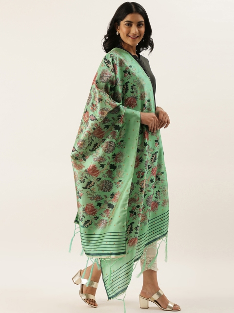 

LADUSAA Green & Rust Red Floral Printed Dupatta