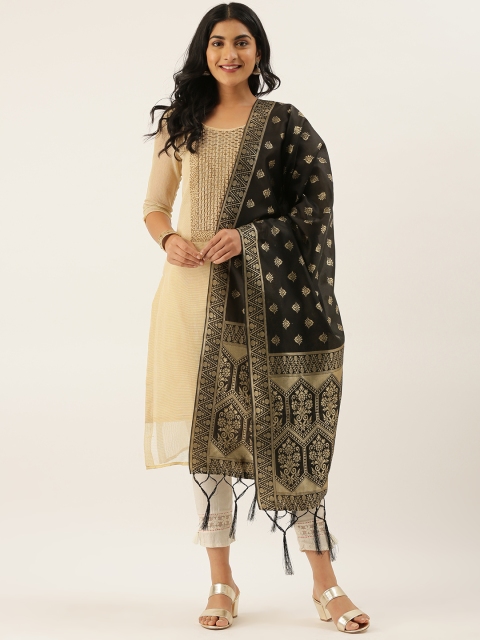

LADUSAA Black & Gold-Toned Woven Design Banarasi Dupatta
