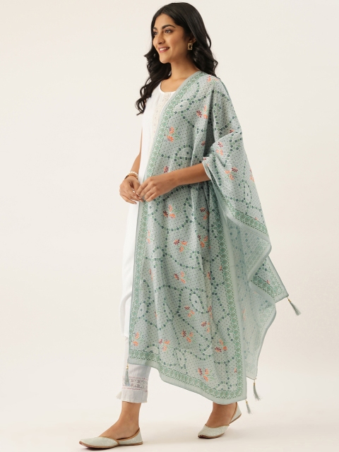 

LADUSAA Sea Green & Pink Printed Dupatta