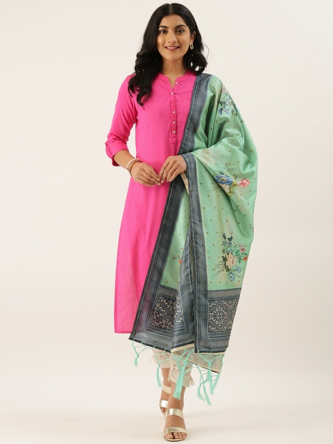 

LADUSAA Sea Green & Pink Floral Printed Dupatta