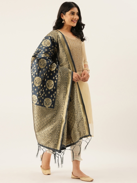 

LADUSAA Navy Blue & Gold-Toned Woven Design Dupatta
