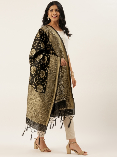 

LADUSAA Black & Gold-Toned Woven Design Dupatta
