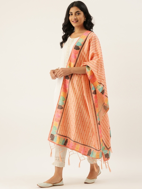 

LADUSAA Coral Pink & Off-White Striped Dupatta