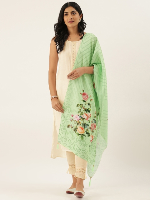 

LADUSAA Green & Peach-Coloured Printed Dupatta