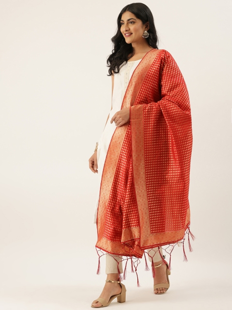 

LADUSAA Red & Gold-Toned Woven Design Dupatta