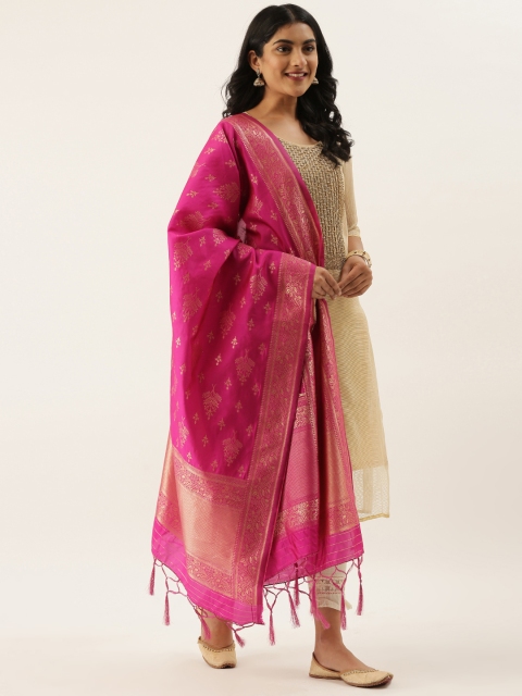 

LADUSAA Pink & Gold-Toned Woven Design Dupatta