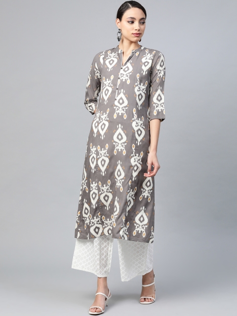 

Anubhutee Women Charcoal Grey & White Abstract Print Kurta with Checked Palazzos