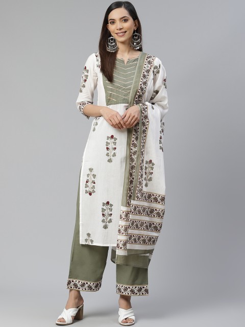 

Yuris Women Off-White & Olive Green Block Print Pure Cotton Kurta with Palazzos & Dupatta