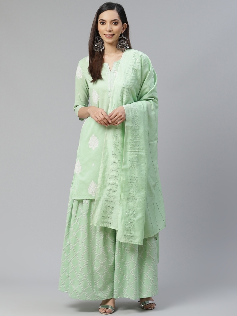 

Yuris Women Green & Off-White Khari Print Kurta with Sharara & Dupatta