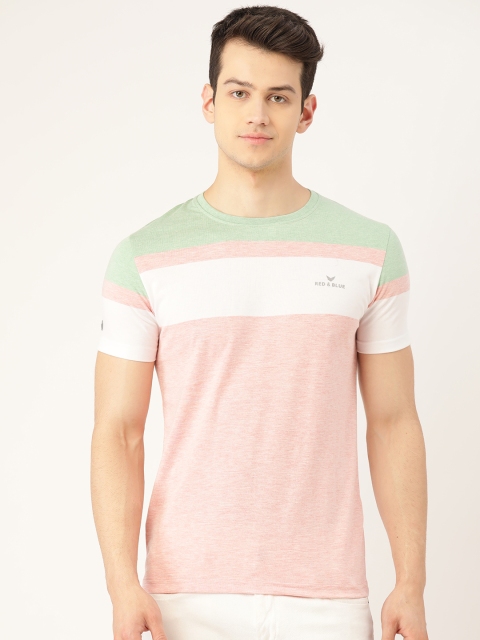 

RED & BLUE Men Peach-Coloured & Green Colourblocked Pure Cotton Round Neck T-shirt