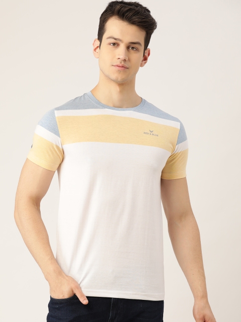 

RED & BLUE Men White & Yellow Colourblocked Pure Cotton Round Neck T-shirt
