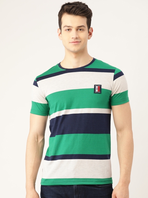 

RED & BLUE Men Green & Navy Blue Striped Pure Cotton Round Neck T-shirt