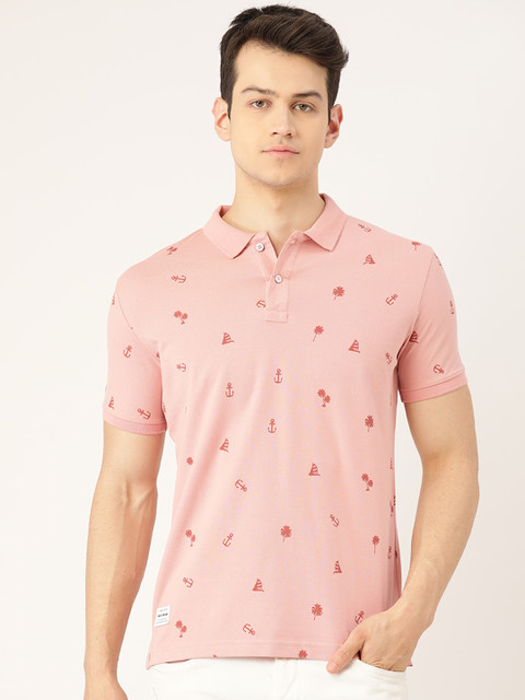 

RED & BLUE Men Pink & Brown Printed Pure Cotton Polo Collar T-shirt