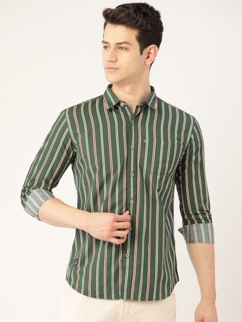 

RED & BLUE Men Olive Green & White Regular Fit Striped Pure Cotton Casual Shirt