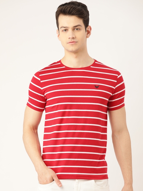 

RED & BLUE Men Red & White Pure Cotton Striped Round Neck T-shirt