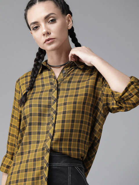 

The Roadster Lifestyle Co Women Mustard Yellow & Black Ecovero Checked Casual Shirt