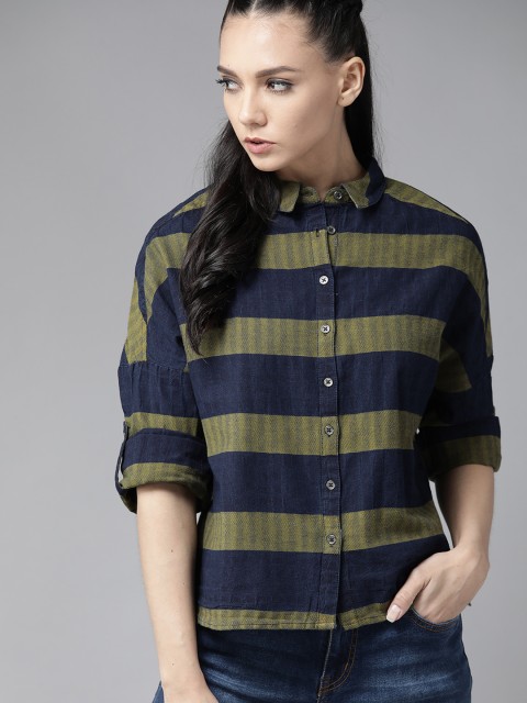 

The Roadster Lifestyle Co Women Navy Blue & Olive Green Pure Cotton Regular Fit Striped Casual Shirt