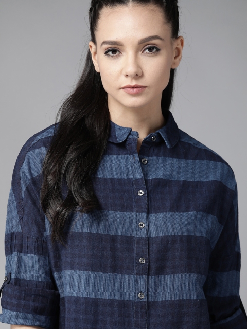 

The Roadster Lifestyle Co Women Navy Blue Regular Fit Striped Casual Shirt