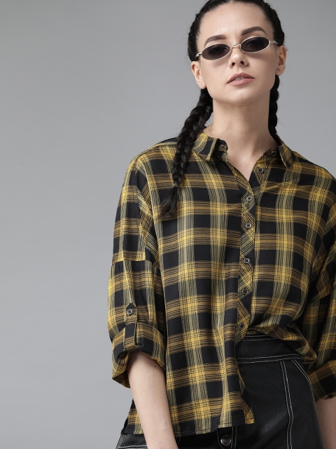 

The Roadster Lifestyle Co Women Mustard Yellow & Black Ecovero Checked Casual Shirt