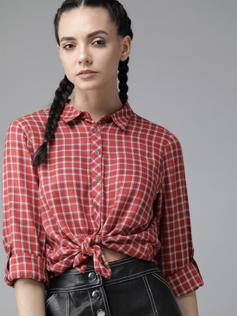 

The Roadster Lifestyle Co Women Rust Red & White Regular Fit Checked Casual Sustainable ECOVERO Shirt