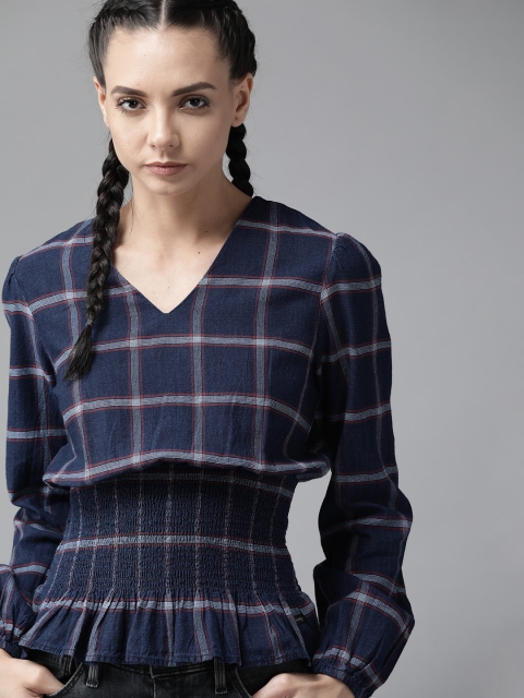 

The Roadster Lifestyle Co Navy Blue & Maroon Checked Puff Sleeves Smocked Pure Cotton Cinched Waist Top