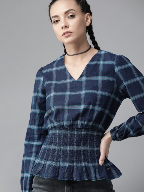 

The Roadster Lifestyle Co Navy Blue & White Checked Puff Sleeves Smocked Pure Cotton Cinched Waist Top