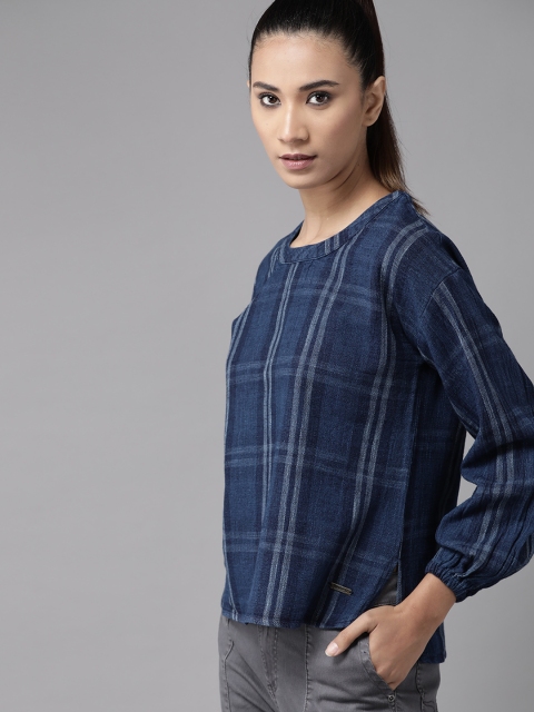 

The Roadster Lifestyle Co Navy Blue Checked Pure Cotton Regular Top