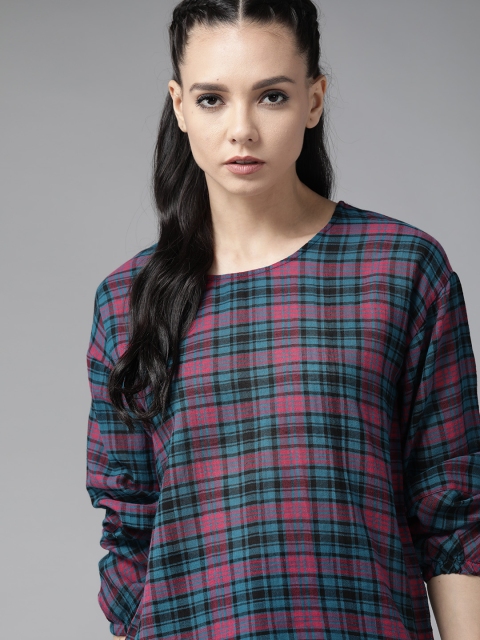 

The Roadster Lifestyle Co Women Blue & Pink Pure Cotton Checked Top