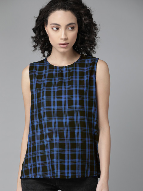 

The Roadster Lifestyle Co Sustainable ECOVERO Women Blue & Black Checked Top
