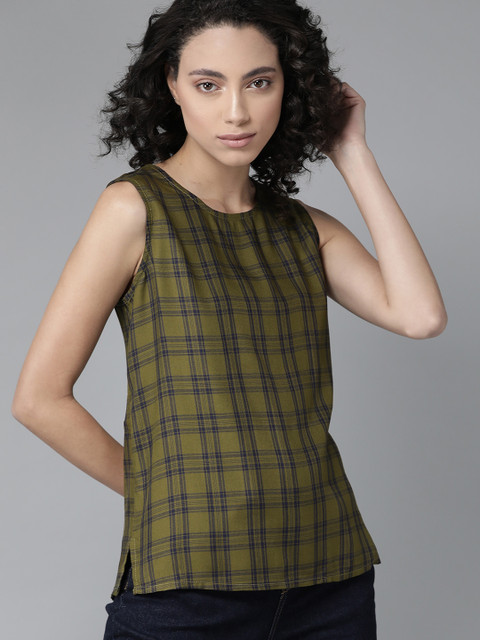 

The Roadster Lifestyle Co Olive Green & Navy Blue EcoVero Checked Top