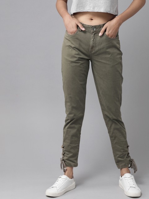 

The Roadster Lifestyle Co Women Olive Green Skinny Fit Solid Regular Trousers