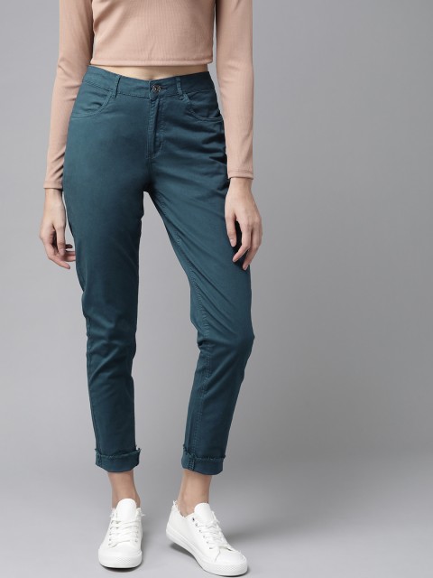 

The Roadster Lifestyle Co Women Teal Blue Slim Fit Solid Chinos
