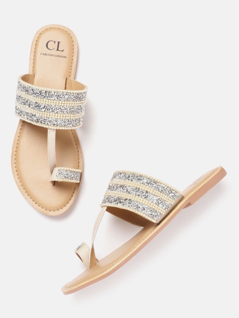 

Carlton London Women Silver-Toned & Off-White Embellished One Toe Flats