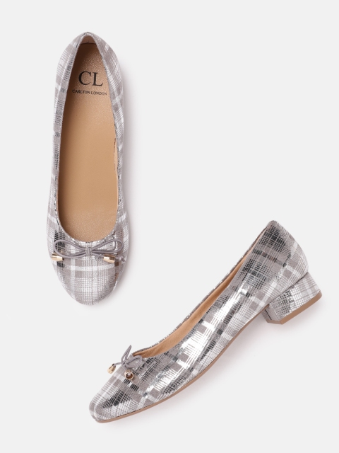 

Carlton London Women Silver-Toned & Grey Checked Ballerinas with Bow Detail
