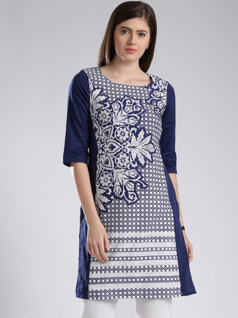 

W Navy & White Printed Kurta, Navy blue