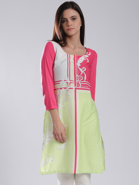 

W Pink & Fluorescent Green Printed Kurta